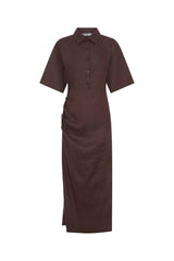 Lefka Midi Dress in Chocolate by Sneaky Link, linen midi with cinched waist, ruched tummy, and exaggerated sleeves.