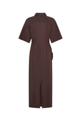 Lefka Midi Dress in Chocolate by Sneaky Link, linen midi with cinched waist, ruched tummy, and exaggerated sleeves.