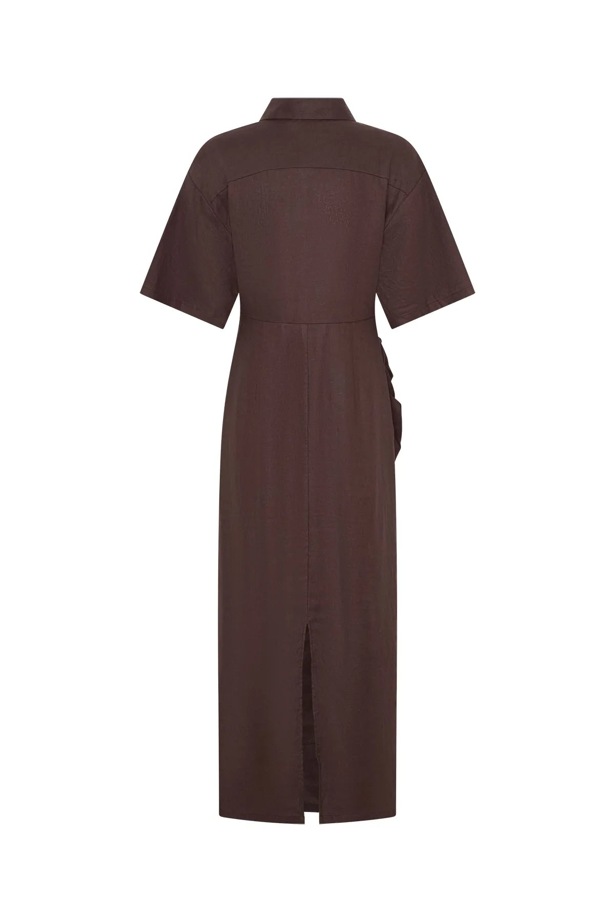 Lefka Midi Dress Chocolate by Sneaky Link – A trendy, breathable linen midi with flattering skirt tucks and button-front neckline, perfect for sunny lunches and relaxed summer days.
