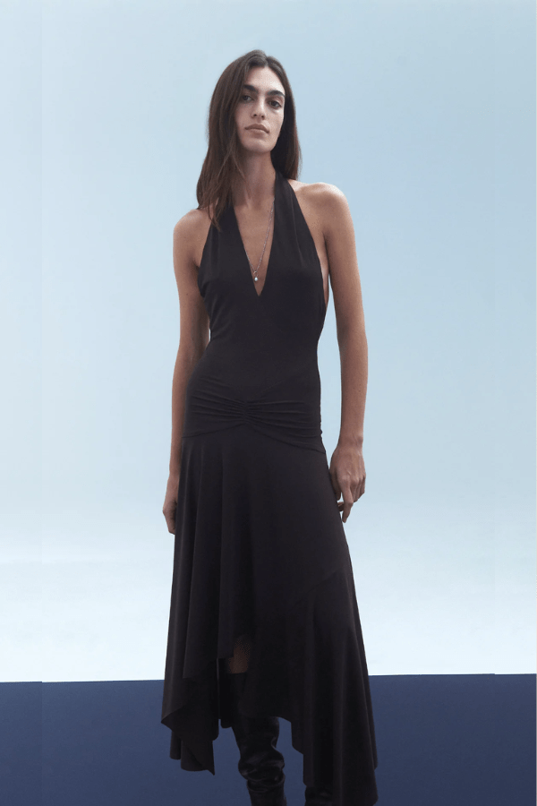 Nessie Halter Dress Dark Chocolate by BEC + BRIDGE – A plunging halter midi in stretch jersey with low back and asymmetrical hem for modern elegance.