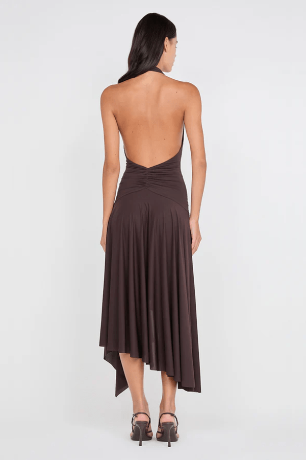 Nessie Halter Dress Dark Chocolate by BEC + BRIDGE – A plunging halter midi in stretch jersey with low back and asymmetrical hem for modern elegance.