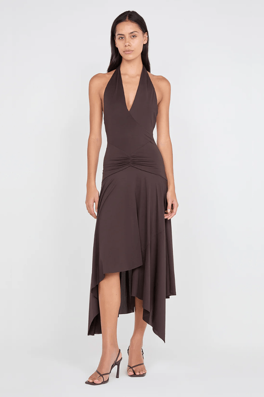 Nessie Halter Dress Dark Chocolate by BEC + BRIDGE – A plunging halter midi in stretch jersey with low back and asymmetrical hem for modern elegance.