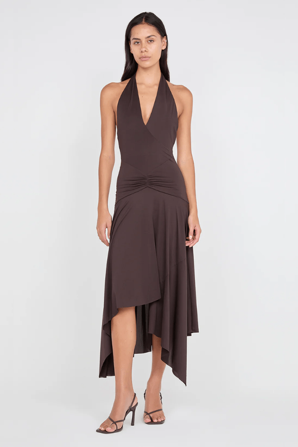 Nessie Halter Dress Dark Chocolate by BEC + BRIDGE – A plunging halter midi in stretch jersey with low back and asymmetrical hem for modern elegance.