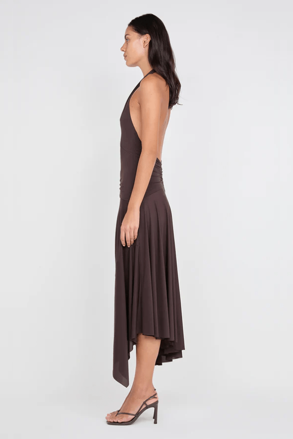 Nessie Halter Dress Dark Chocolate by BEC + BRIDGE – A plunging halter midi in stretch jersey with low back and asymmetrical hem for modern elegance.