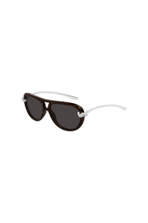 BV1418S002 Havana by Bottega Veneta – aviator sunglasses with knot detail and rounded frame. Perfect for everyday styling.