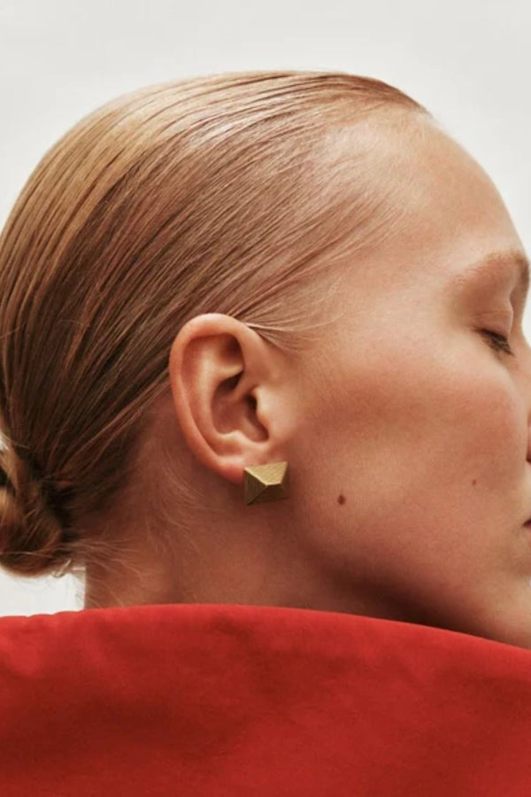 Baby Celeste Earrings by Heaven Mayhem – gold ridged rectangular mini earrings with Art Deco charm, perfect for sleek day-to-night styling.