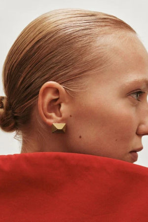 Baby Celeste Earrings by Heaven Mayhem – gold ridged rectangular mini earrings with Art Deco charm, perfect for sleek day-to-night styling.