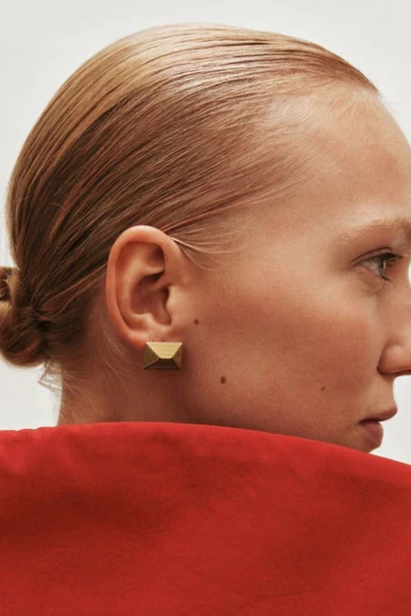 Baby Celeste Earrings by Heaven Mayhem – gold ridged rectangular mini earrings with Art Deco charm, perfect for sleek day-to-night styling.