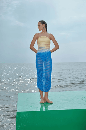 Bahia Pareo Arctic by Baobab, sheer maxi pareo with ruched detail. Perfect for beach coverups or resort wear.