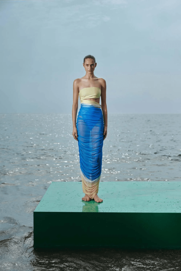 Bahia Pareo Arctic by Baobab, sheer maxi pareo with ruched detail. Perfect for beach coverups or resort wear.