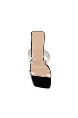 Bambi Wedge in Black Patent Leather by Lana Wilkinson, a sculptural mule with clear straps, 6.5cm wedge, and square toe for modern minimalism.