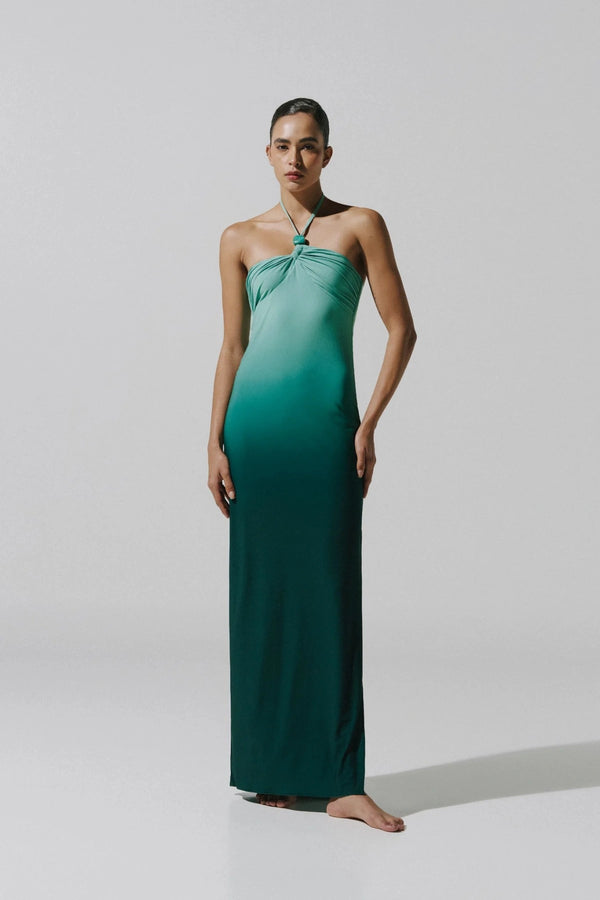 Bari Maxi Dress by Baobab, a shimmering halter gown with resin stones, side slit, and open back. Perfect for elegant summer nights.