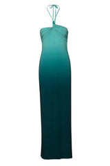 Bari Maxi Dress by Baobab, a shimmering halter gown with resin stones, side slit, and open back. Perfect for elegant summer nights.