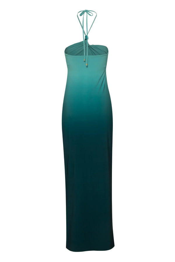 Bari Maxi Dress by Baobab, a shimmering halter gown with resin stones, side slit, and open back. Perfect for elegant summer nights.