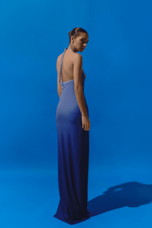 Bari Dress Lapis Lazuli by Baobab – Trendy halter maxi with ruched detailing, embellished accents, and side slit, designed for elegant flow and standout occasions.