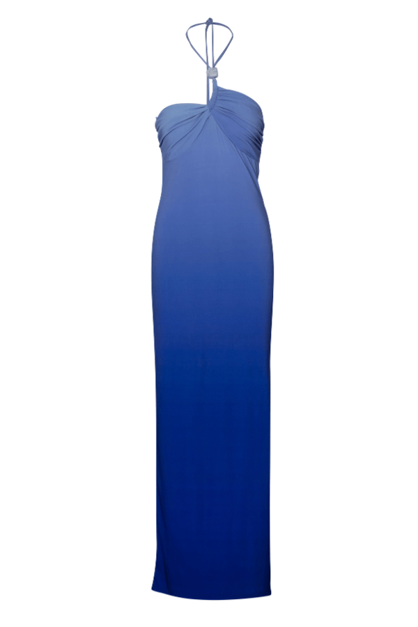 Bari Dress Lapis Lazuli by Baobab – Trendy halter maxi with ruched detailing, embellished accents, and side slit, designed for elegant flow and standout occasions.
