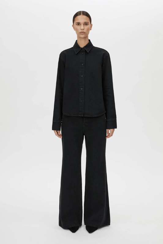 Bay Denim Shirt Inky Black by Camilla and Marc, slim-fit silhouette with monogram embroidery and corozo buttons, perfect for elevated everyday or chic casual looks.