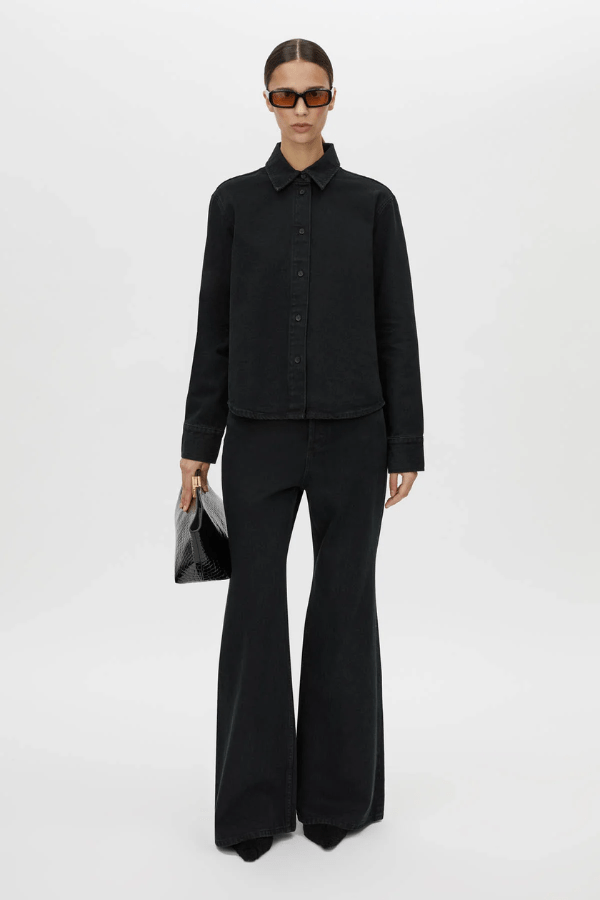 Bay Denim Shirt Inky Black by Camilla and Marc, slim-fit silhouette with monogram embroidery and corozo buttons, perfect for elevated everyday or chic casual looks.
