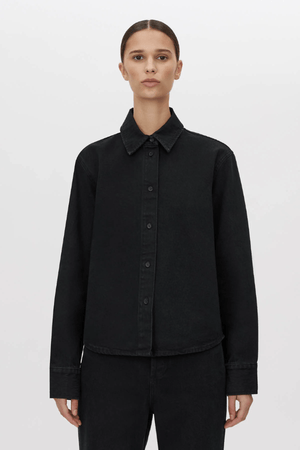 Bay Denim Shirt Inky Black by Camilla and Marc, slim-fit silhouette with monogram embroidery and corozo buttons, perfect for elevated everyday or chic casual looks.