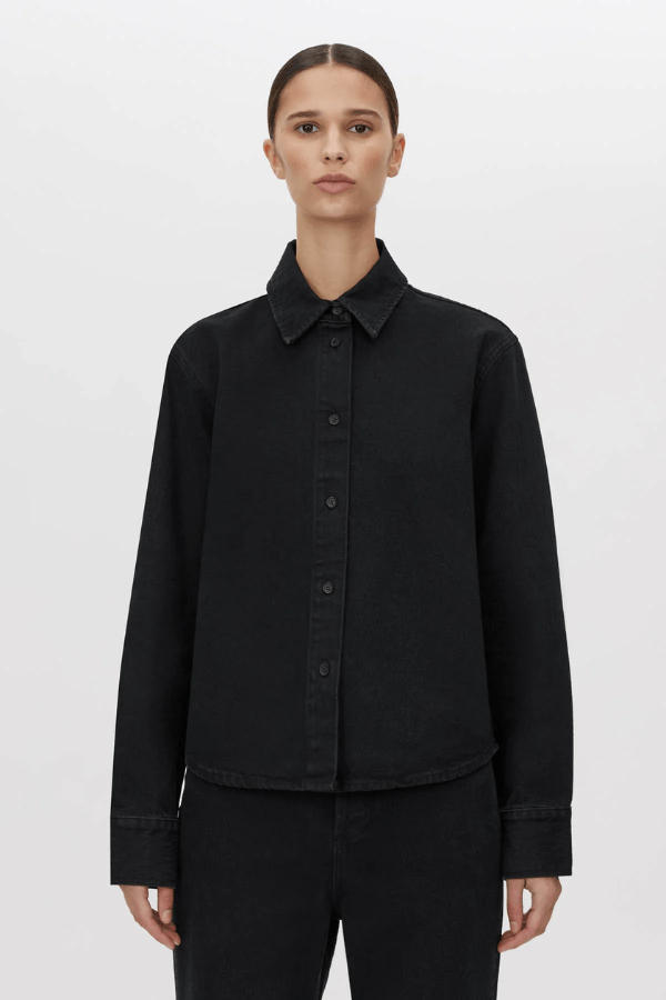 Bay Denim Shirt Inky Black by Camilla and Marc, slim-fit silhouette with monogram embroidery and corozo buttons, perfect for elevated everyday or chic casual looks.