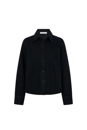Bay Denim Shirt Inky Black by Camilla and Marc, slim-fit silhouette with monogram embroidery and corozo buttons, perfect for elevated everyday or chic casual looks.