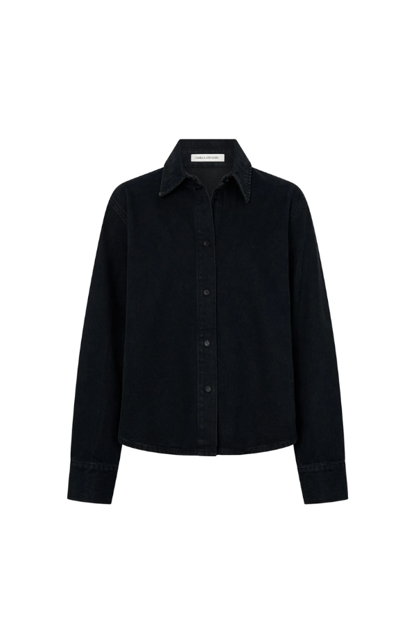 Bay Denim Shirt Inky Black by Camilla and Marc, slim-fit silhouette with monogram embroidery and corozo buttons, perfect for elevated everyday or chic casual looks.