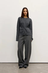 Beatrice Cardigan Dark Heather Grey by Bayse – plush wool blend cardigan with collarless neckline and refined silhouette.