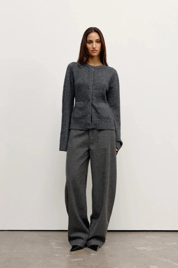 Beatrice Cardigan Dark Heather Grey by Bayse – plush wool blend cardigan with collarless neckline and refined silhouette.