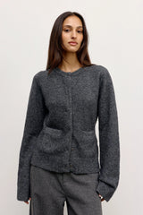 Beatrice Cardigan Dark Heather Grey by Bayse – plush wool blend cardigan with collarless neckline and refined silhouette.