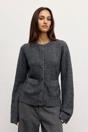 Beatrice Cardigan Dark Heather Grey by Bayse – plush wool blend cardigan with collarless neckline and refined silhouette.