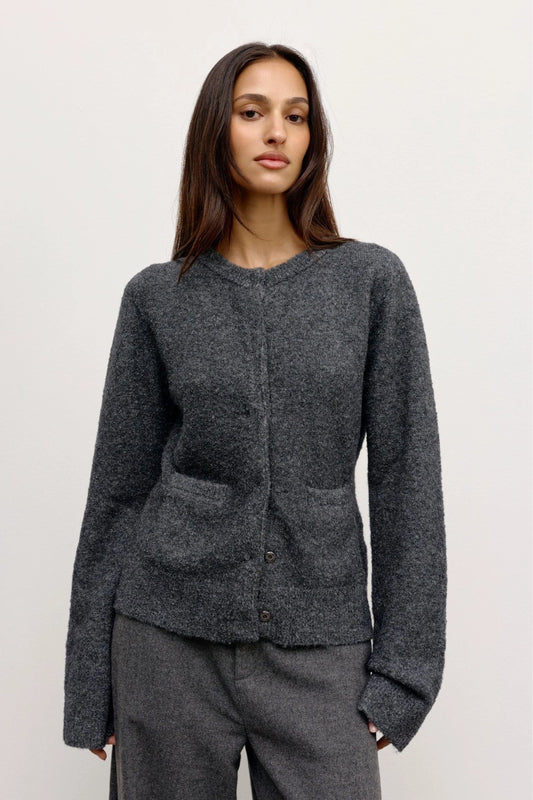 Beatrice Cardigan Dark Heather Grey by Bayse – plush wool blend cardigan with collarless neckline and refined silhouette.