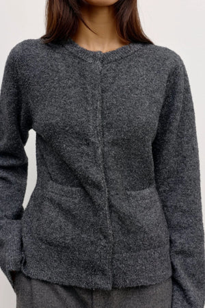Beatrice Cardigan Dark Heather Grey by Bayse – plush wool blend cardigan with collarless neckline and refined silhouette.