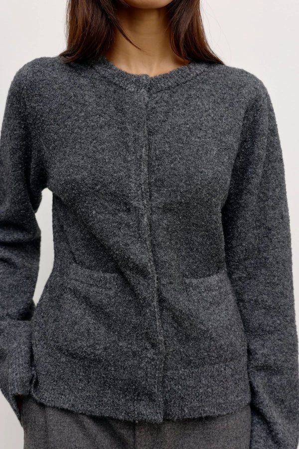 Beatrice Cardigan Dark Heather Grey by Bayse – plush wool blend cardigan with collarless neckline and refined silhouette.