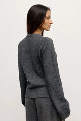 Beatrice Cardigan Dark Heather Grey by Bayse – plush wool blend cardigan with collarless neckline and refined silhouette.