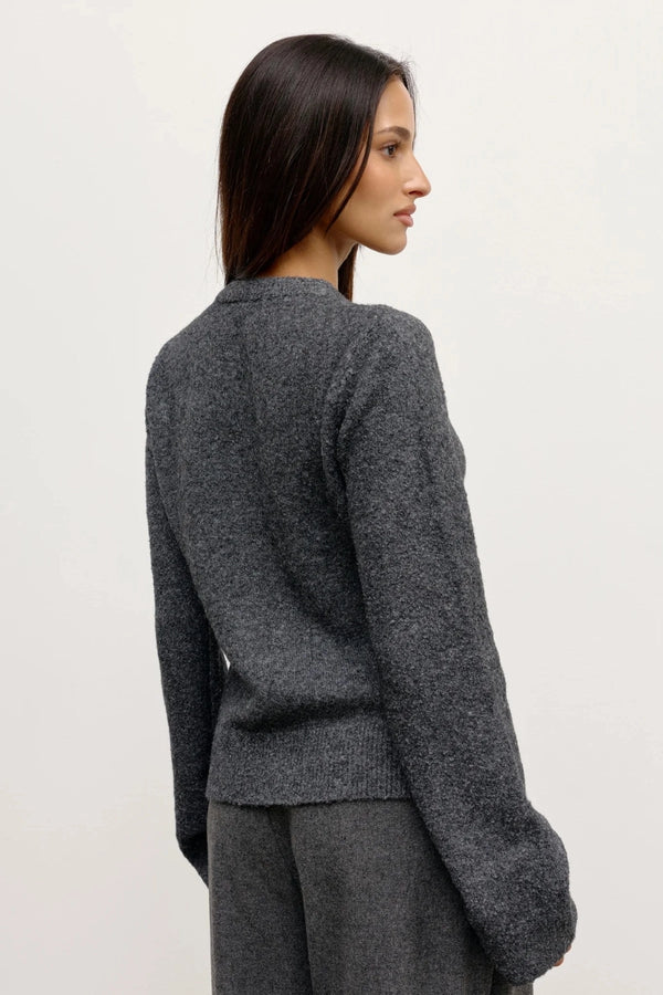 Beatrice Cardigan Dark Heather Grey by Bayse – plush wool blend cardigan with collarless neckline and refined silhouette.