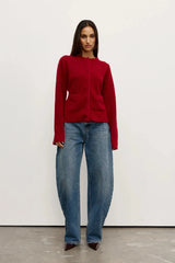 Beatrice Cardigan Red by Bayse – plush wool blend cardigan with collarless neckline and softly flared silhouette.