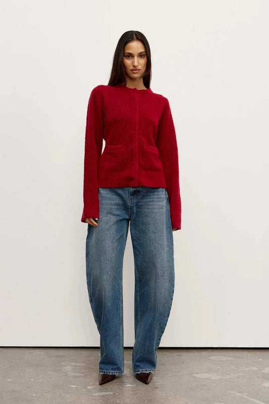 Beatrice Cardigan Red by Bayse – plush wool blend cardigan with collarless neckline and softly flared silhouette.