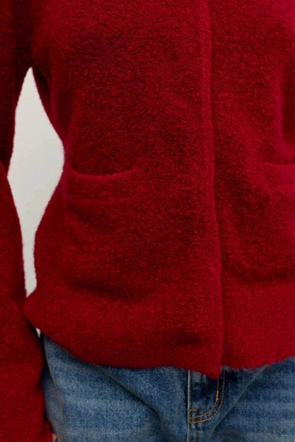 Beatrice Cardigan Red by Bayse – plush wool blend cardigan with collarless neckline and softly flared silhouette.