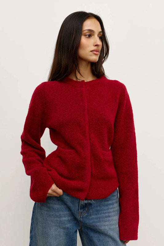 Beatrice Cardigan Red by Bayse – plush wool blend cardigan with collarless neckline and softly flared silhouette.