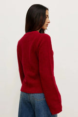 Beatrice Cardigan Red by Bayse – plush wool blend cardigan with collarless neckline and softly flared silhouette.