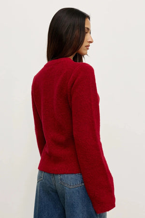 Beatrice Cardigan Red by Bayse – plush wool blend cardigan with collarless neckline and softly flared silhouette.