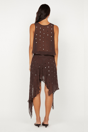Arielle Asym Skirt Dark Chocolate Sequin by Bec + Bridge, shimmering midi with asymmetric hem. Perfect for cocktails, galas, and glam nights.