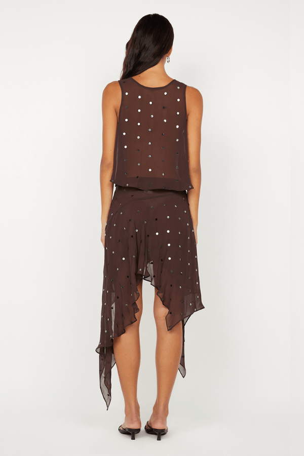 Arielle Asym Skirt Dark Chocolate Sequin by Bec + Bridge, shimmering midi with asymmetric hem. Perfect for cocktails, galas, and glam nights.