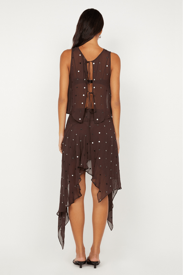 Arielle Asym Skirt Dark Chocolate Sequin by Bec + Bridge, shimmering midi with asymmetric hem. Perfect for cocktails, galas, and glam nights.