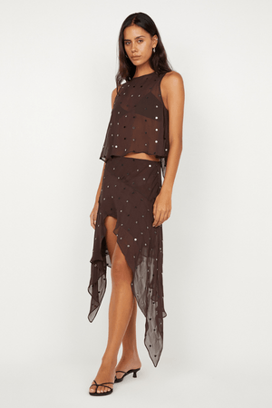 Arielle Asym Skirt Dark Chocolate Sequin by Bec + Bridge, shimmering midi with asymmetric hem. Perfect for cocktails, galas, and glam nights.