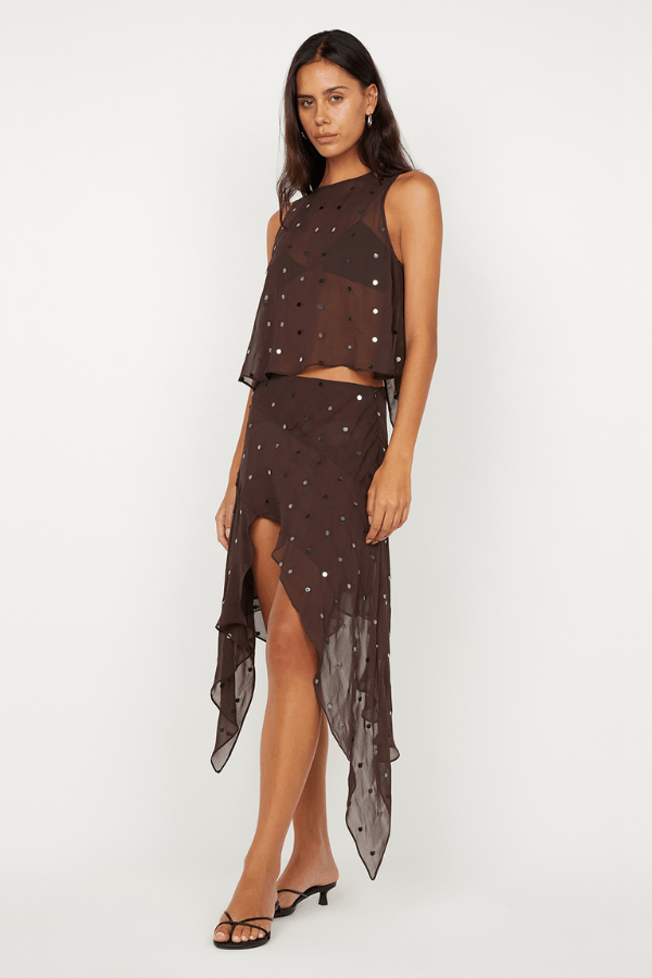 Arielle Asym Skirt Dark Chocolate Sequin by Bec + Bridge, shimmering midi with asymmetric hem. Perfect for cocktails, galas, and glam nights.