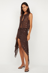 Arielle Asym Skirt Dark Chocolate Sequin by Bec + Bridge, shimmering midi with asymmetric hem. Perfect for cocktails, galas, and glam nights.