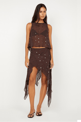 Arielle Asym Skirt Dark Chocolate Sequin by Bec + Bridge, shimmering midi with asymmetric hem. Perfect for cocktails, galas, and glam nights.