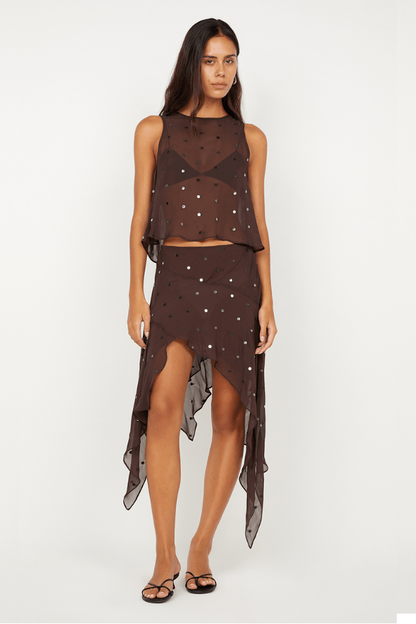 Arielle Asym Skirt Dark Chocolate Sequin by Bec + Bridge, shimmering midi with asymmetric hem. Perfect for cocktails, galas, and glam nights.