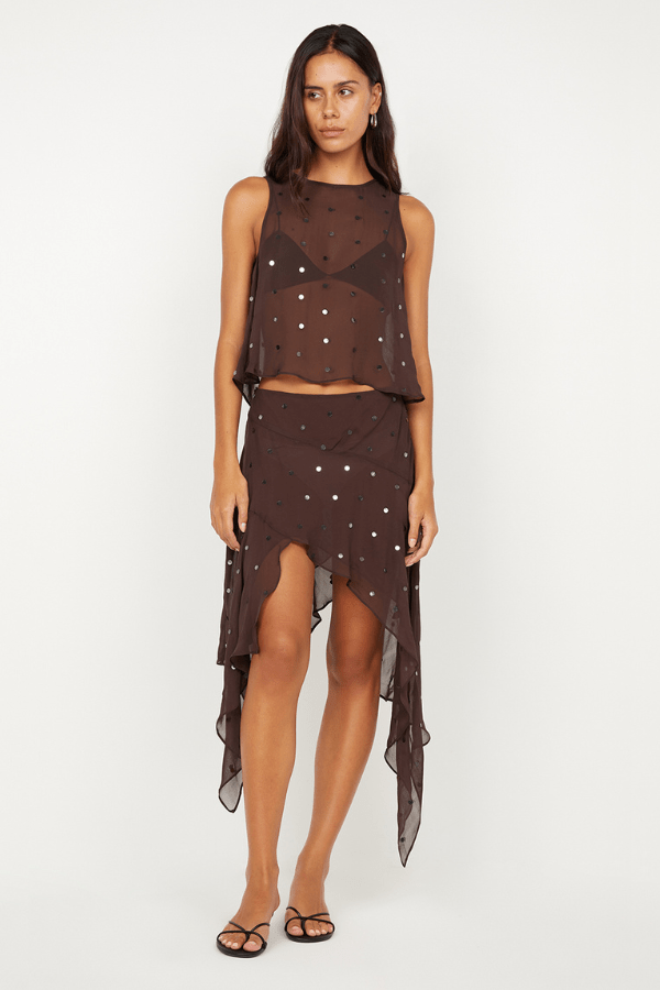 Arielle Asym Skirt Dark Chocolate Sequin by Bec + Bridge, shimmering midi with asymmetric hem. Perfect for cocktails, galas, and glam nights.